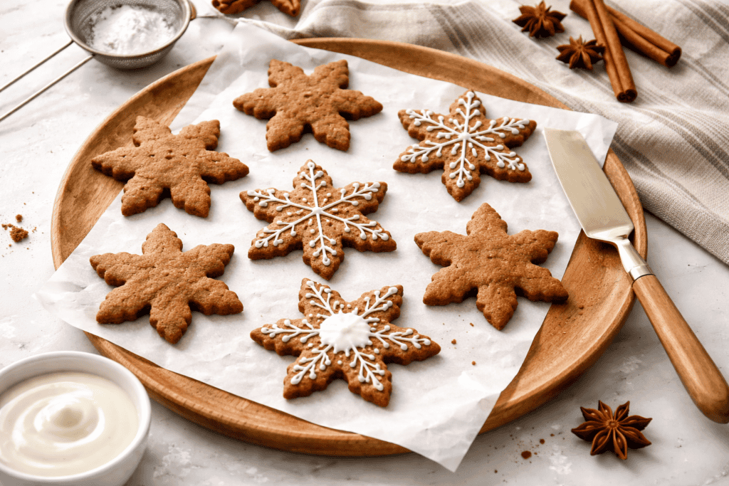 Delicious homemade gingerbread cookies decorated with white icing on a wooden tray. Perfect for holi.