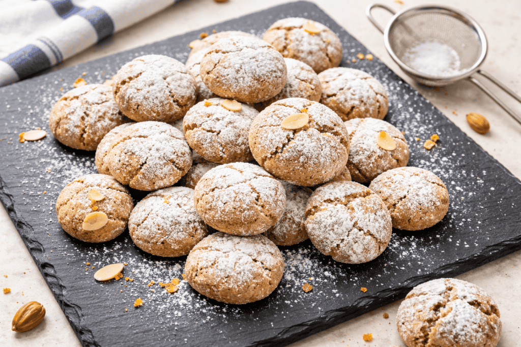 Almond cookies dusted with powdered sugar on a black slate serving platter.