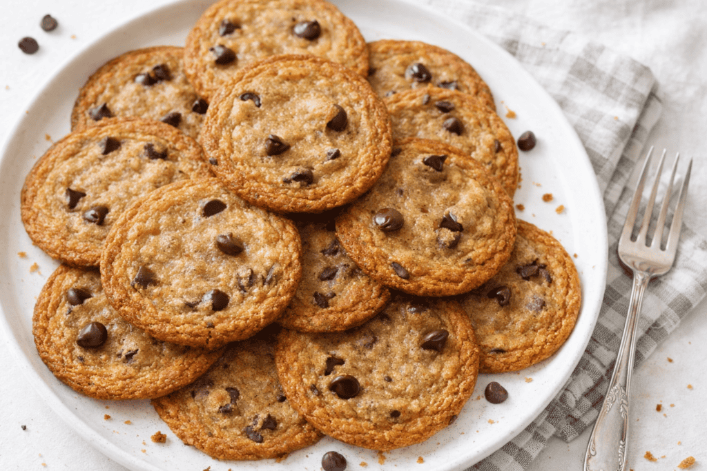 Chocolate chip cookies on a white plate.