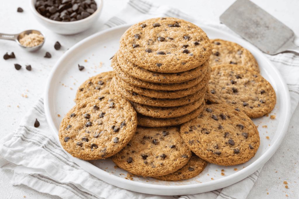 Freshly baked chocolate chip cookies stacked on a white plate.
