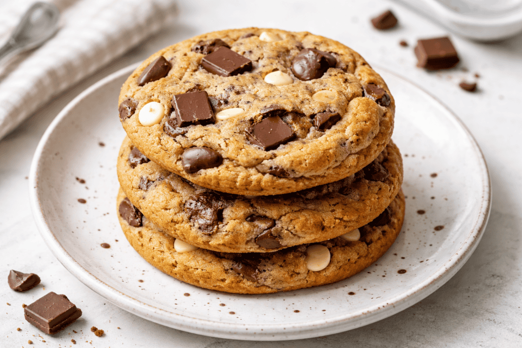 Chocolate chip cookies, fresh baked with white and dark chocolate chunks.