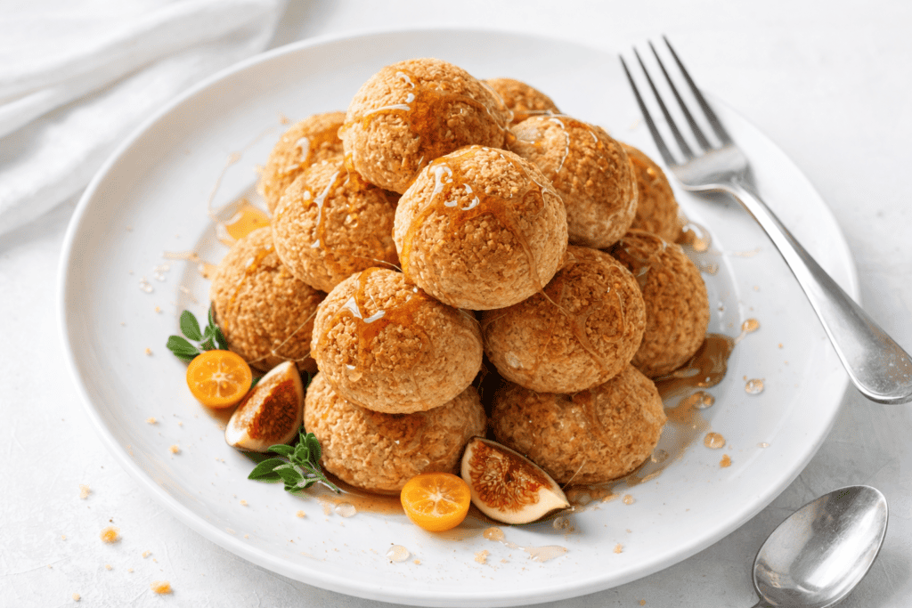 Golden fried cheese balls on a white plate.