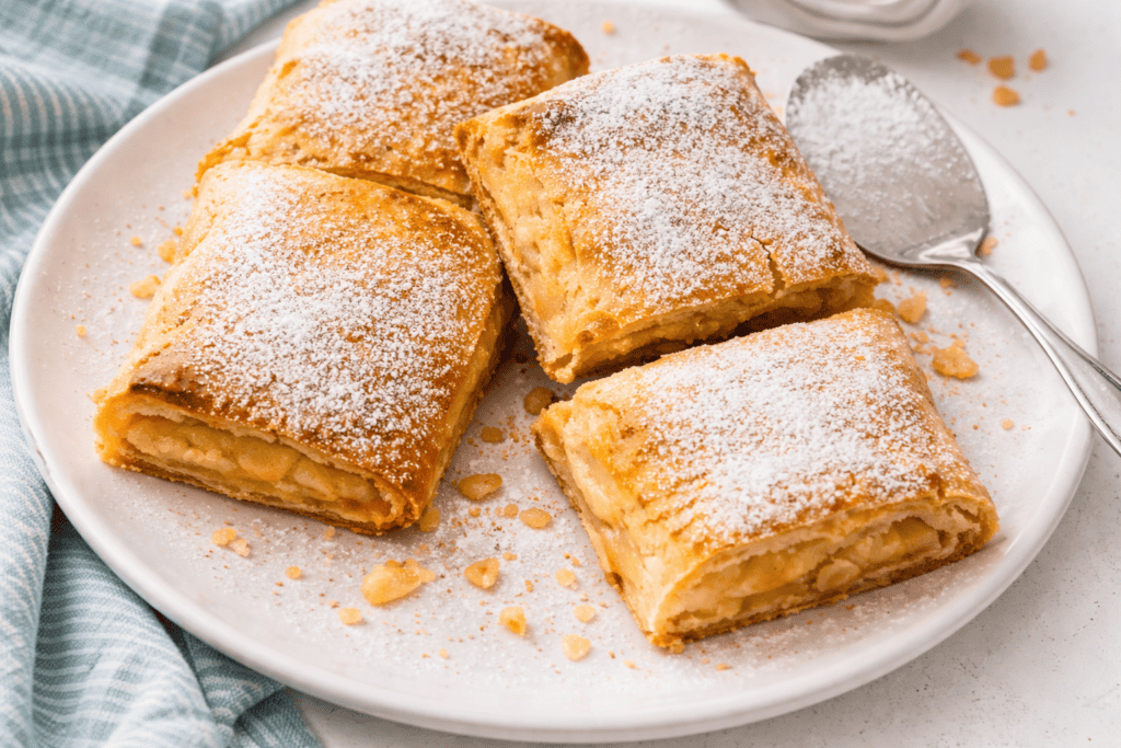 Apple turnovers with flaky pastry and powdered sugar topping.