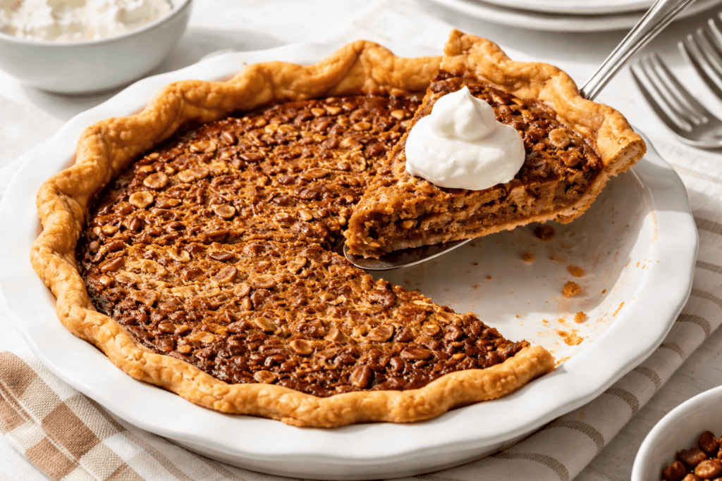 Classic sweet potato pie with pecans and whipped cream on a white plate.
