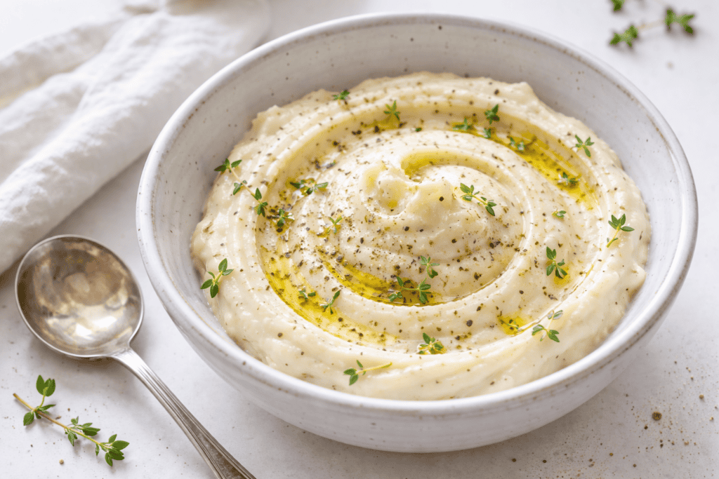 Delicious creamy mashed potatoes garnished with fresh herbs and a drizzle of olive oil, perfect for.