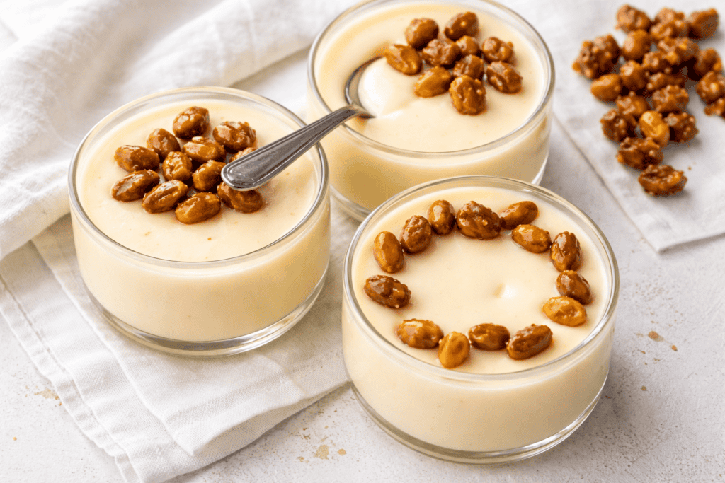 Creamy caramel pudding with roasted nuts, served in glass bowls for a delicious dessert.