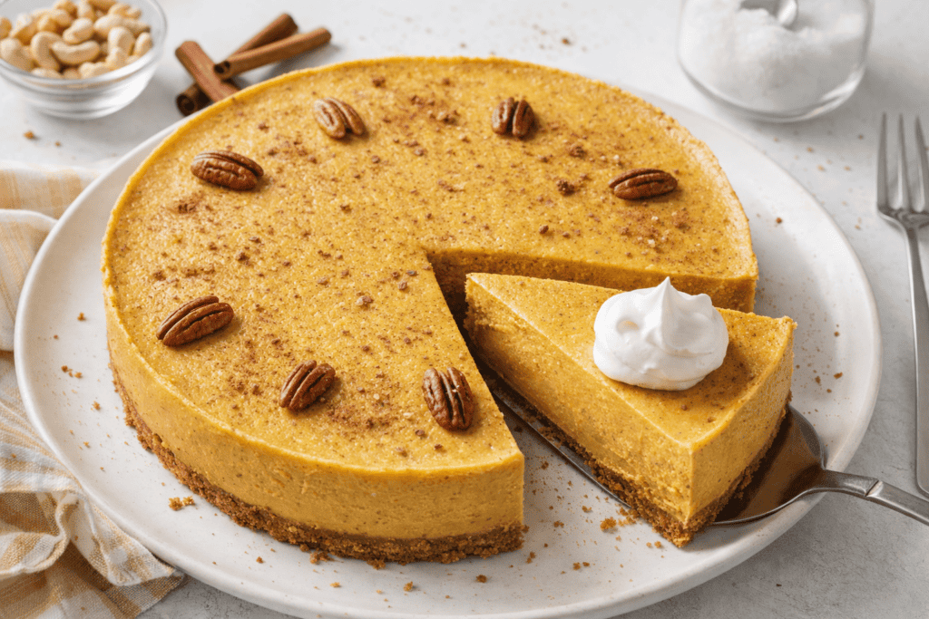 Delicious pumpkin pie with a slice served and topped with whipped cream on a white plate.