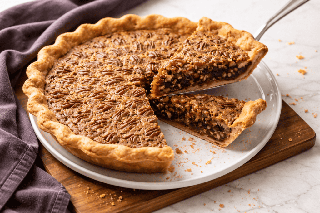 Delicious pecan pie with a golden crust and rich caramel filling, perfect for festive occasions and.