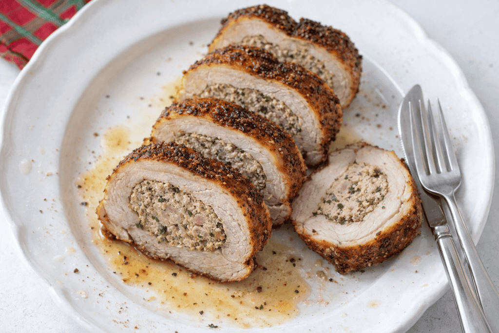 Delicious stuffed chicken breast with herbs, baked to perfection and sliced for serving. A flavorful.