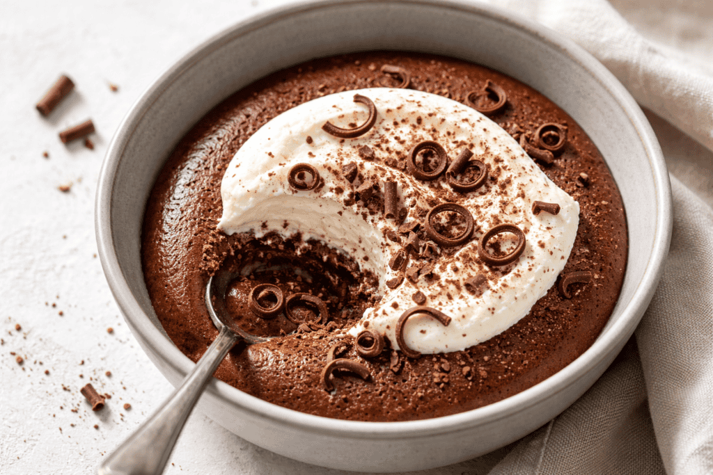 Rich chocolate mousse with whipped cream and chocolate curls. Perfect for dessert lovers and special.