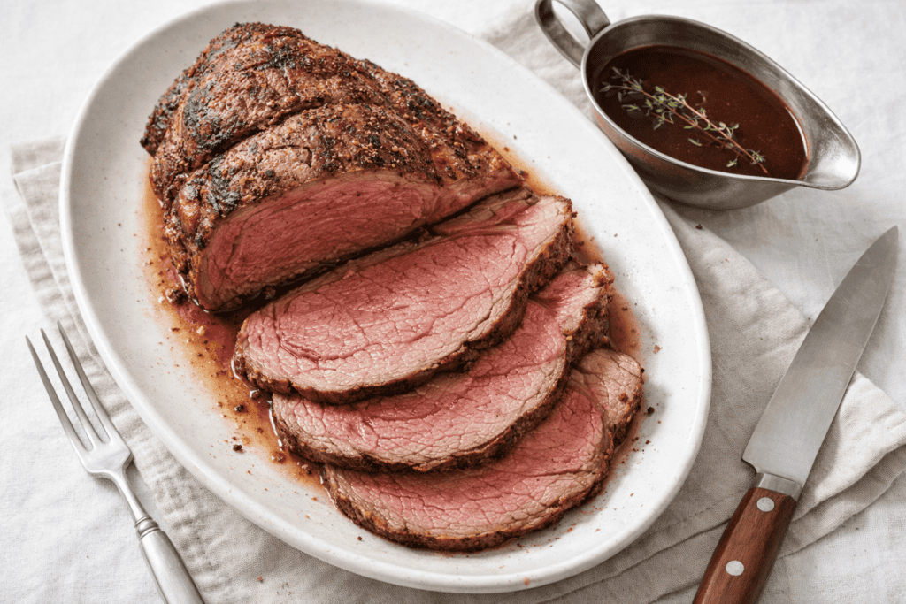 Juicy prime rib roast sliced with rich gravy on a white platter.