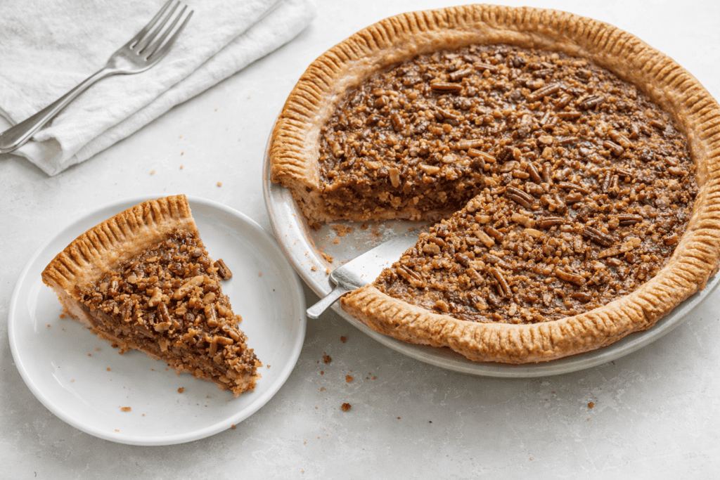 Pecan pie with a golden crust and rich, nutty filling, perfect for holiday gatherings and special oc.