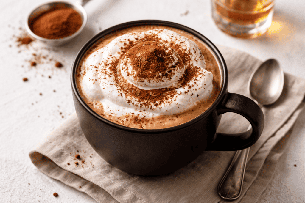 Hot chocolate in a black mug topped with whipped cream and cocoa powder.