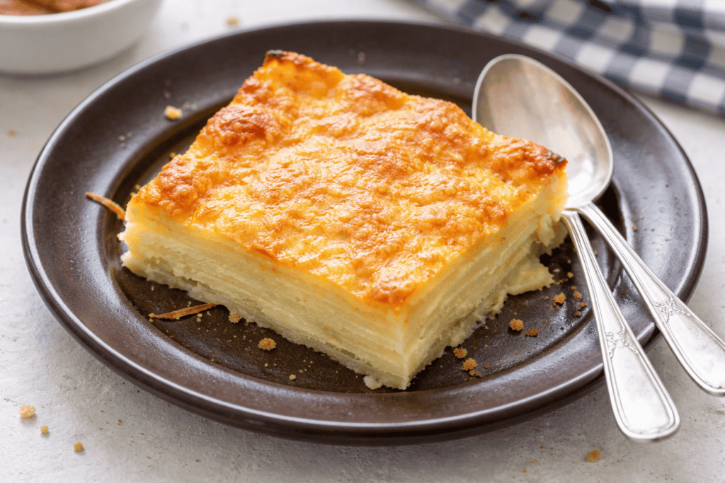 Delicious layered potato gratin with golden crispy top, perfect for comfort food lovers.