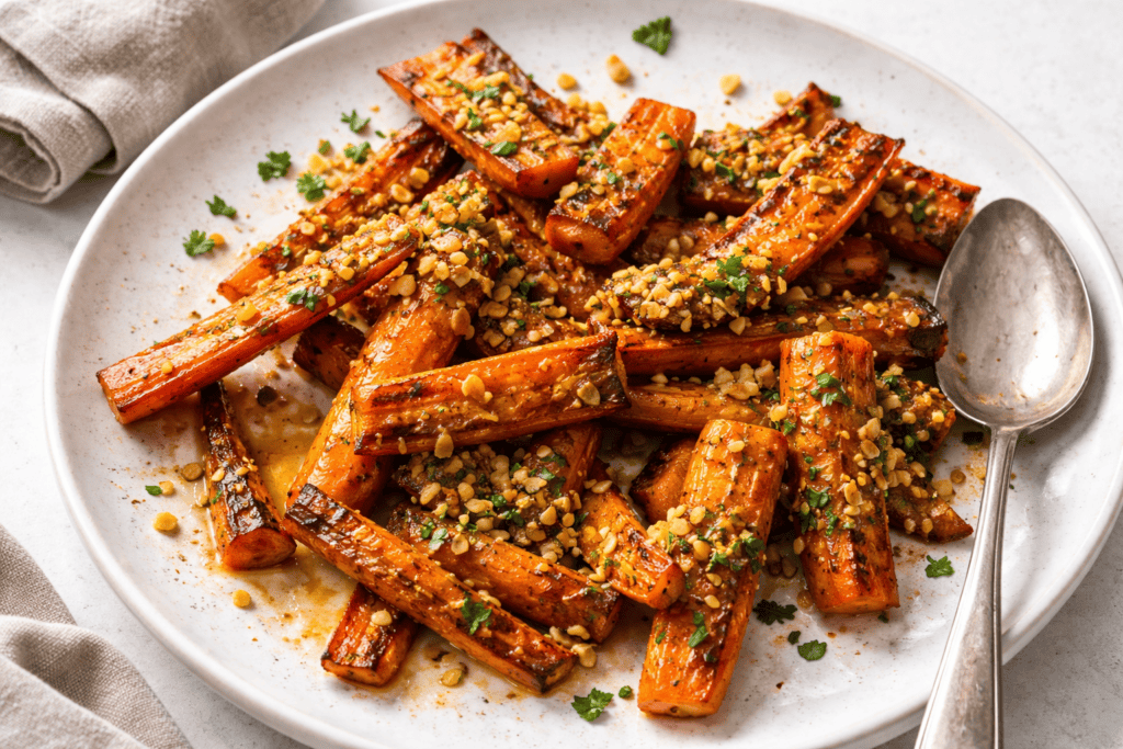 Crispy sweet potato fries garnished with garlic and parsley on a white plate.