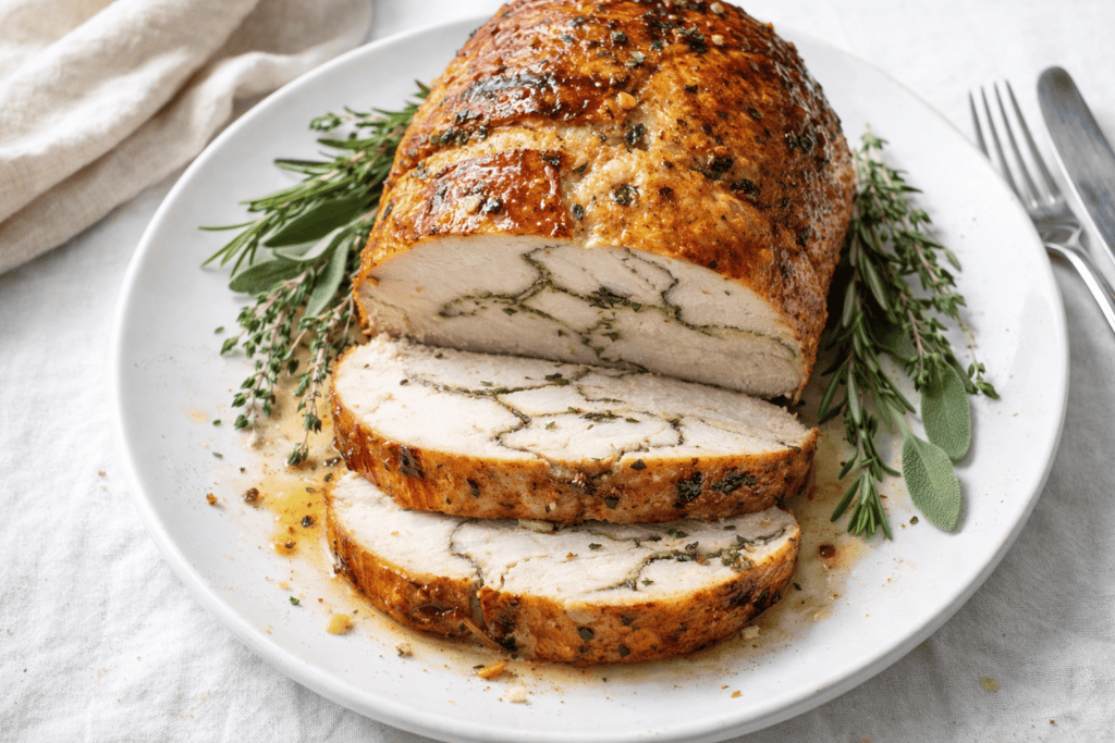 Herb-crusted roasted chicken breast with fresh herbs on a white plate.