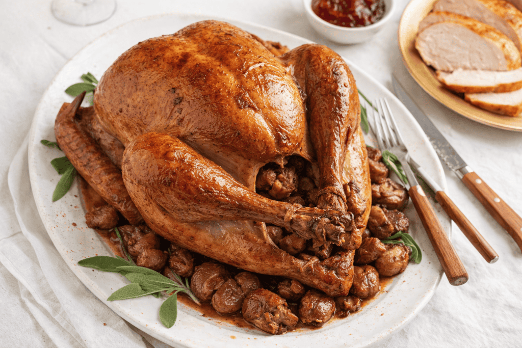 Juicy roasted chicken served with vegetables and cranberry sauce on a white plate.