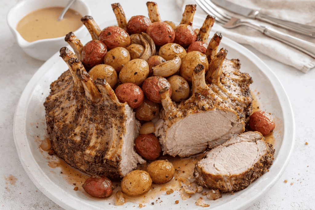 Juicy roasted pork tenderloin with roasted potatoes and cherry tomatoes on a white plate.