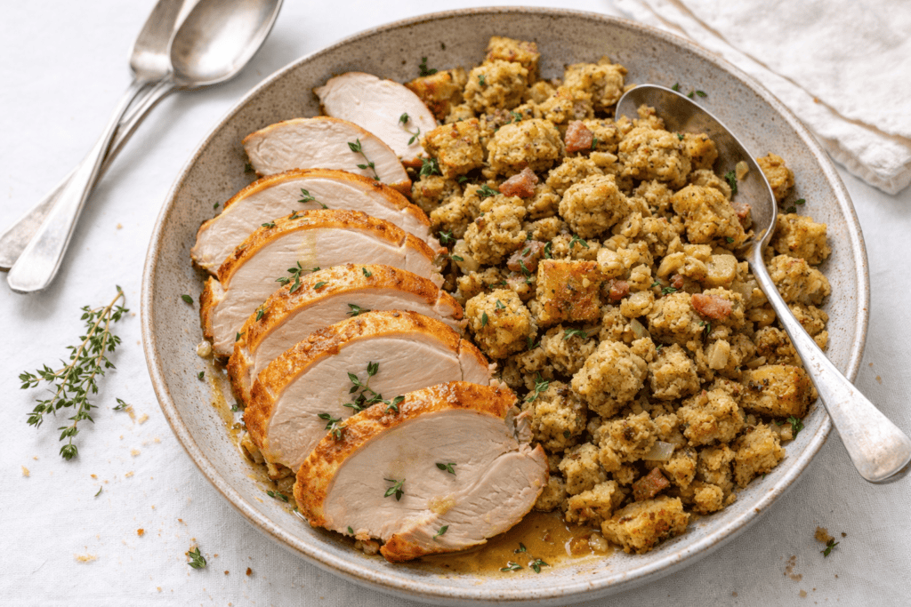 Juicy roasted chicken breast slices with savory stuffing and herbs on a ceramic plate.