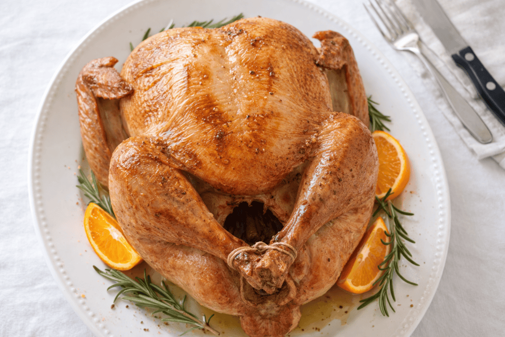 Juicy roasted whole chicken garnished with orange slices and fresh herbs.