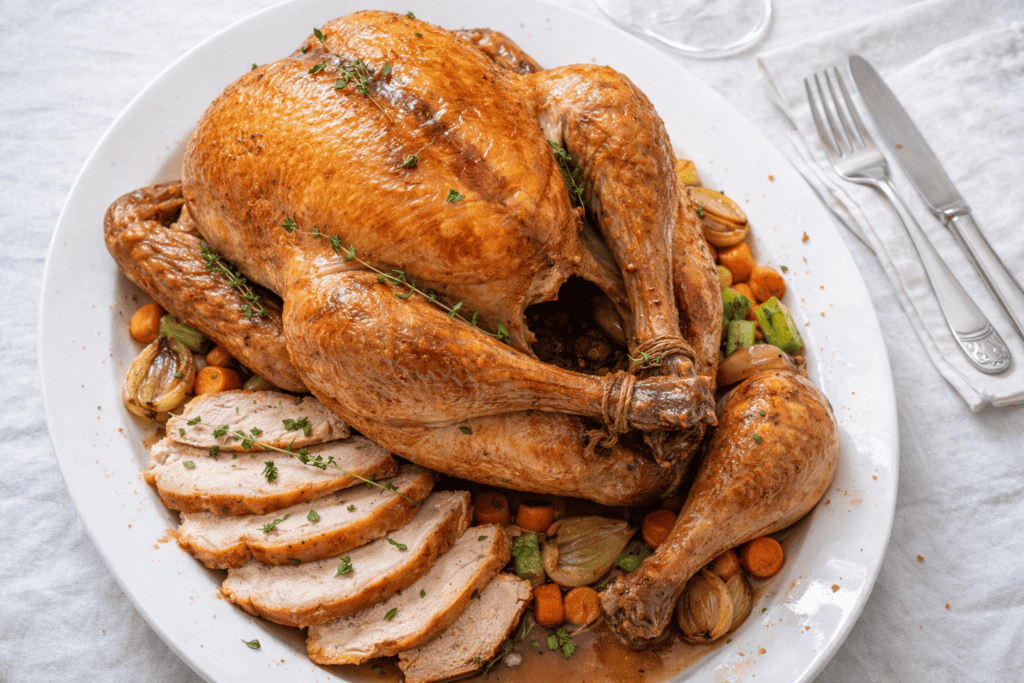 Juicy roasted turkey served with seasoned vegetables and fresh herbs on a white platter. Perfect for.