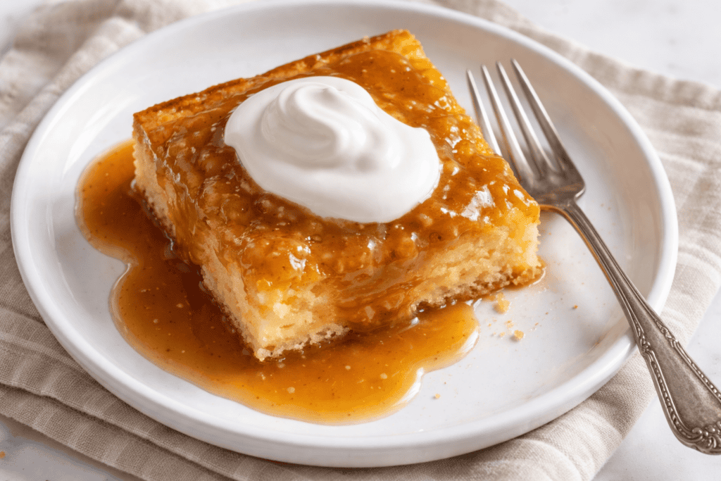 Sweet cornbread served with honey butter and maple syrup on a white plate.