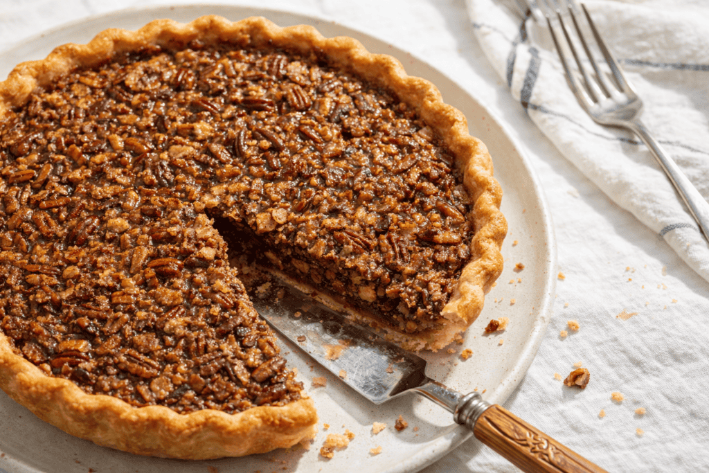 Delicious pecan pie with a rich, caramelized filling and crunchy pecans, perfect for dessert or holi.