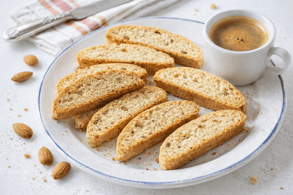 Delicious homemade biscotti served with a cup of fresh coffee, perfect for breakfast or snack. Crisp.