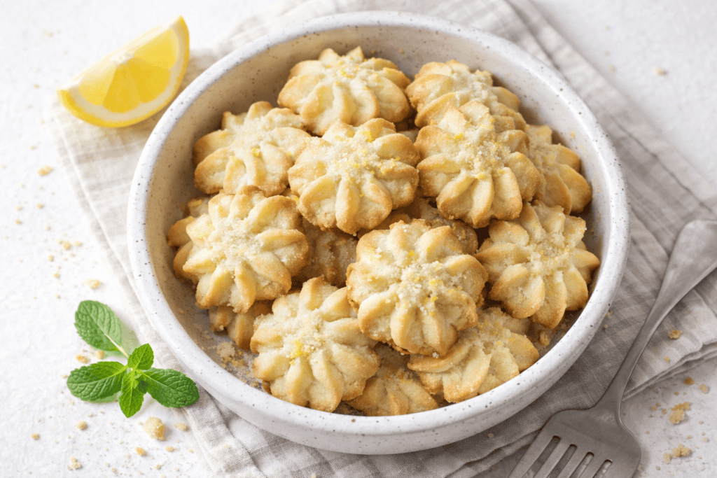 Delicious lemon-flavored cookies topped with powdered sugar, served in a white bowl with lemon wedge.