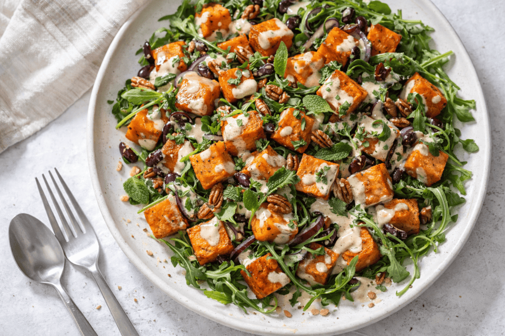 Fresh grilled tofu salad with greens, nuts, and dressing on a white plate.