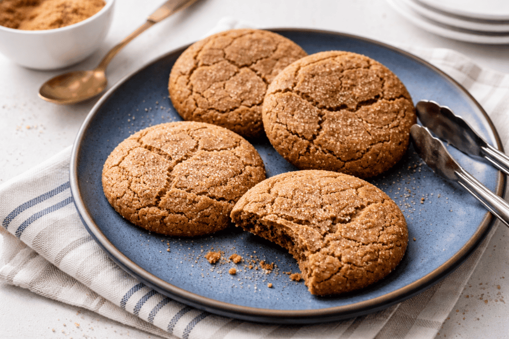 Freshly baked ginger chocolate cookies on a blue plate, with a bowl of cinnamon sugar in the backgro.