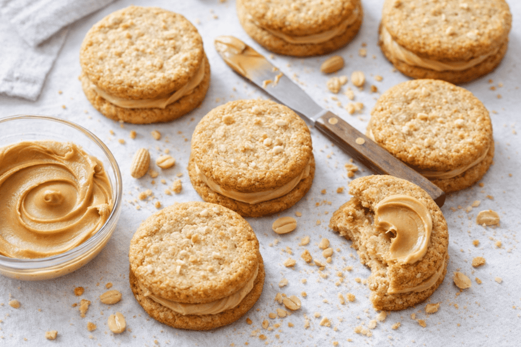 Oatmeal cookie sandwiches with creamy peanut butter filling on parchment paper.