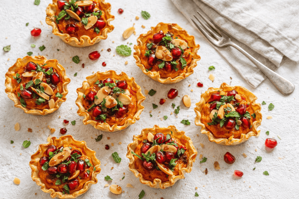 Delicious mini tarts filled with pomegranate seeds, nuts, and herbs, perfect for holiday gatherings.