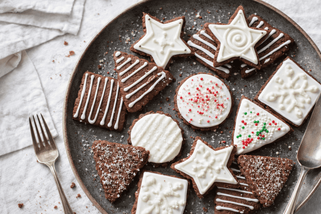 Delicious holiday cookies decorated with white icing, sprinkles, and festive patterns on a dark plat.