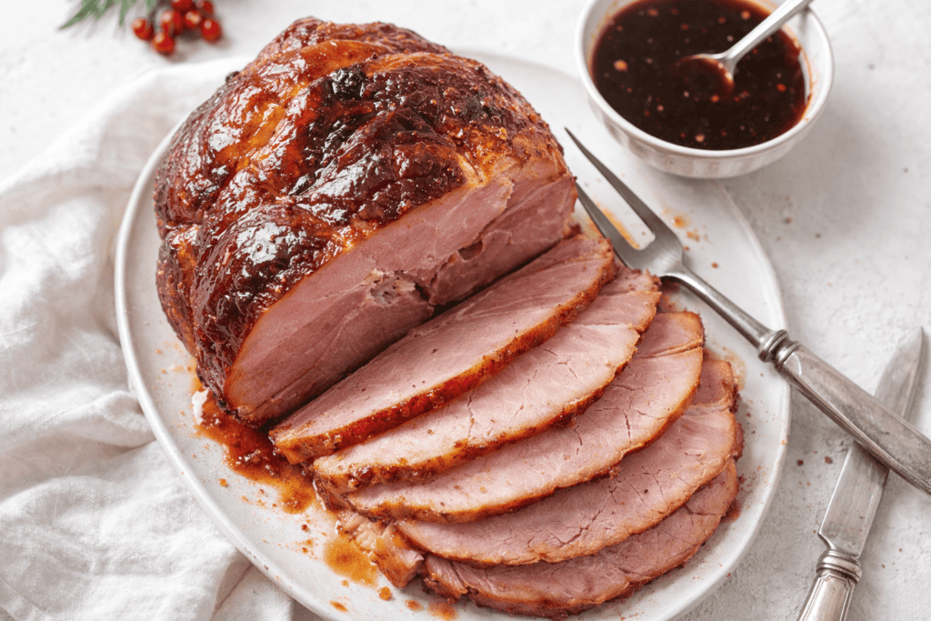 Juicy glazed roast ham sliced on a white plate with sauce in a bowl.