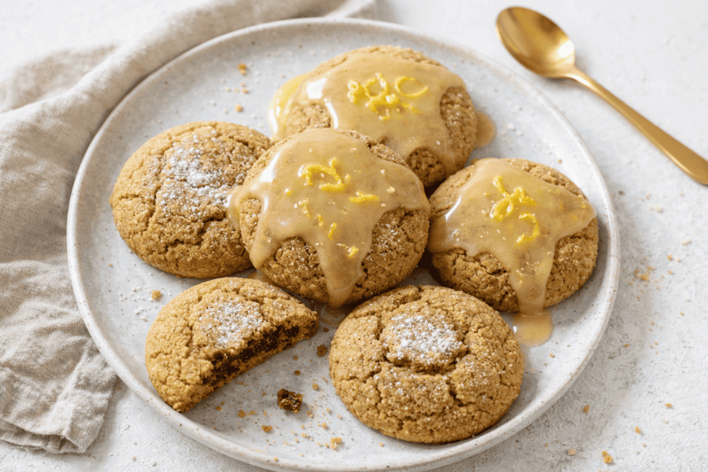 Delicious lemon cookies with a sweet glaze on a white plate.