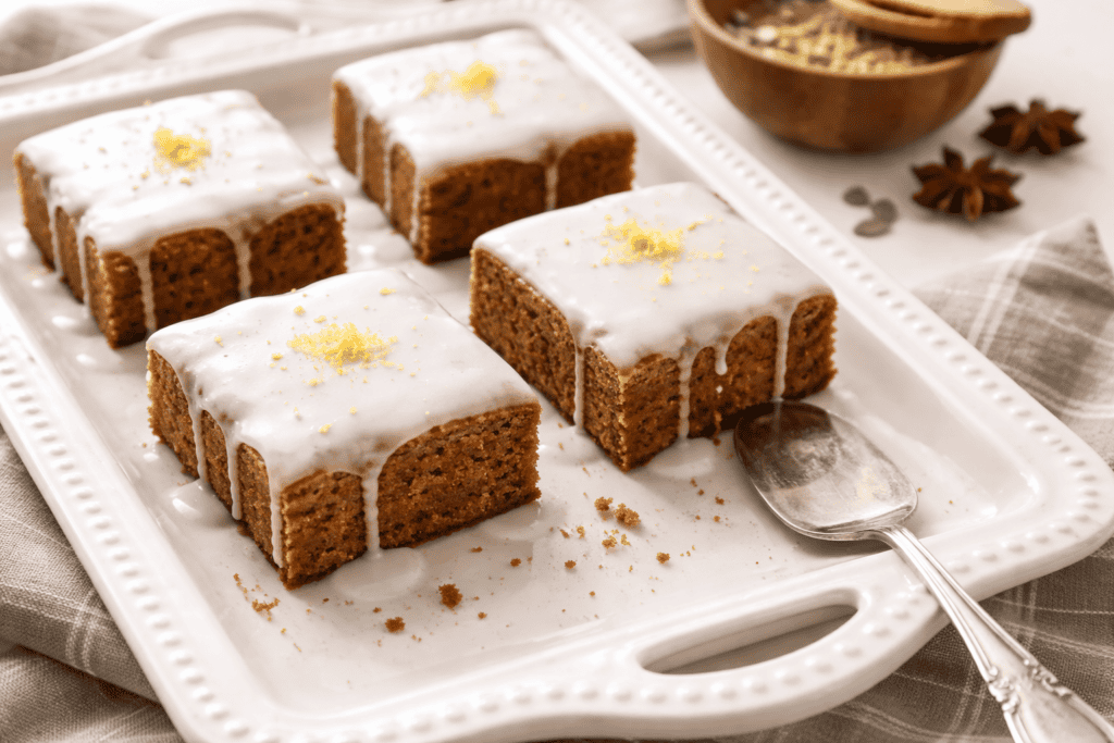 Delicious lemon cake slices with white icing and lemon zest on a white tray.