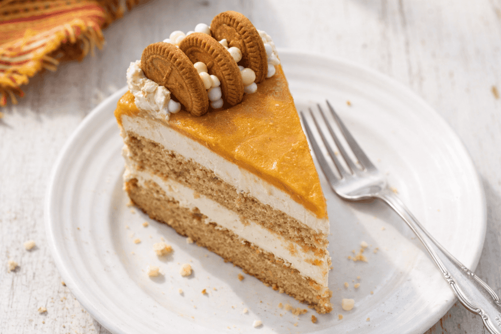 Sweet cookie layer cake with creamy filling and caramel topping.