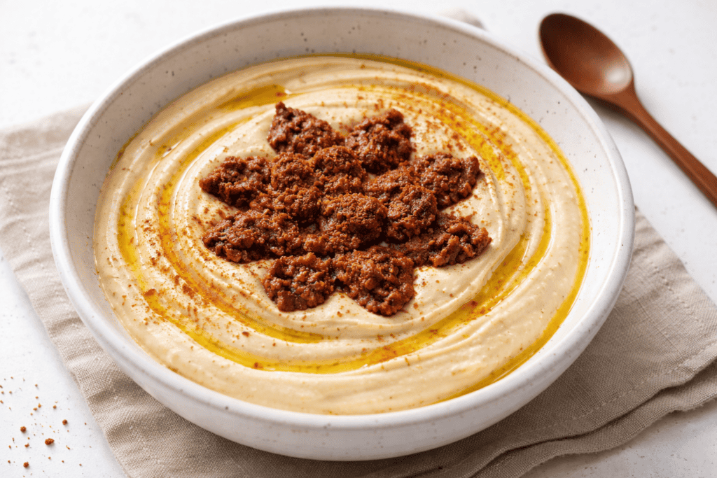 Hummus with spiced ground meat topping, served in a white bowl for a flavorful appetizer.