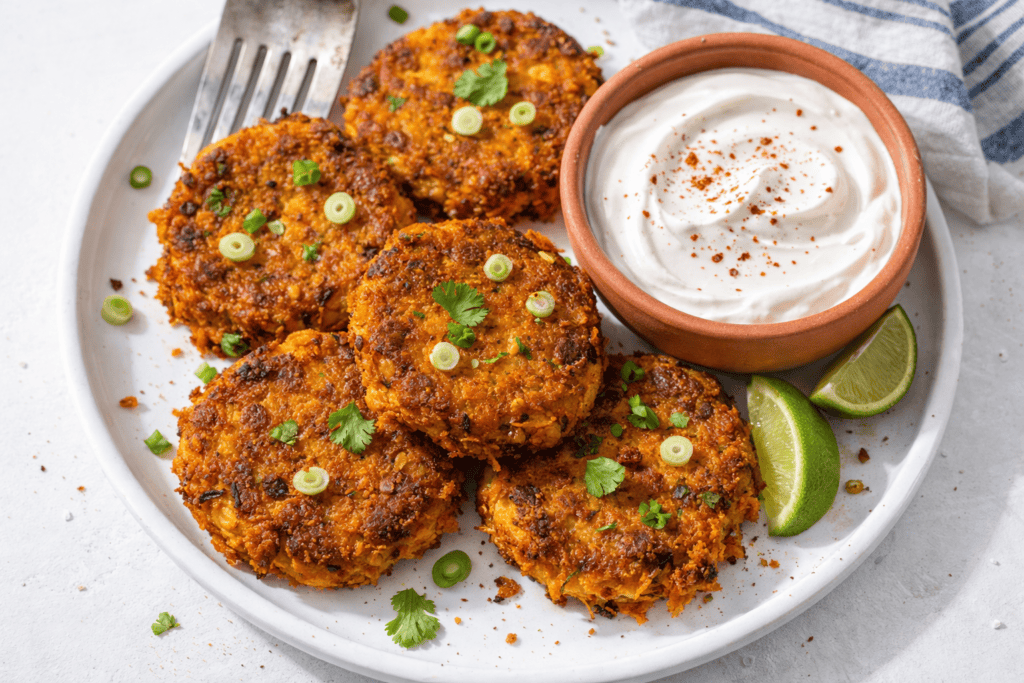 Delicious crispy crab cakes garnished with green onions and cilantro, served with yogurt sauce and l.