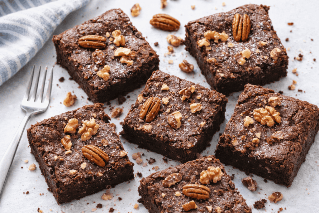 Rich chocolate brownies topped with pecans and walnuts.