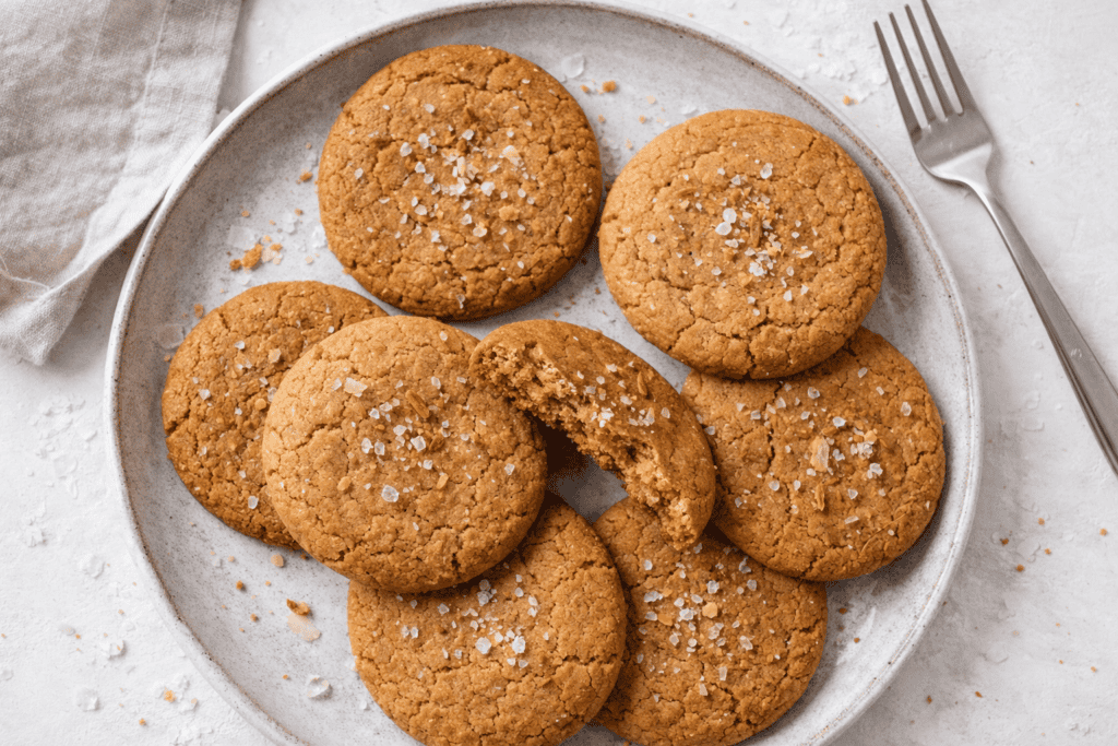 Oatmeal cookies with a golden-brown crust, sprinkled with sea salt, served on a white plate.