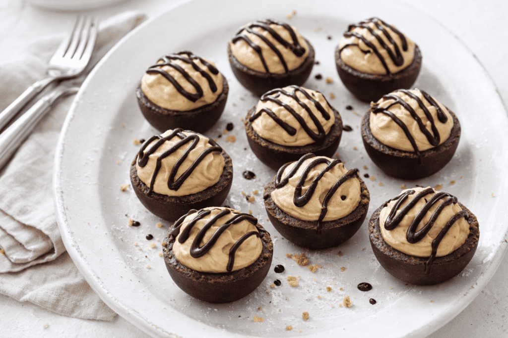 Mini cheesecakes with chocolate crust and vanilla topping drizzled with chocolate.